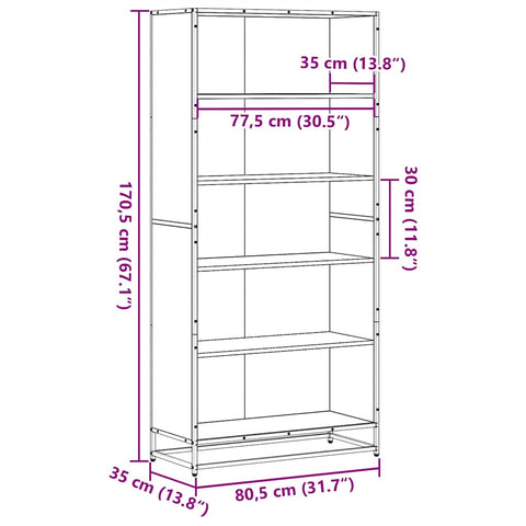 vidaXL Bookcase Smoked Oak 80.5x35x170.5 cm Engineered Wood