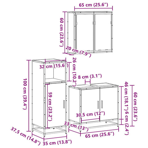 vidaXL 3 Piece Bathroom Furniture Set Grey Sonoma Engineered Wood