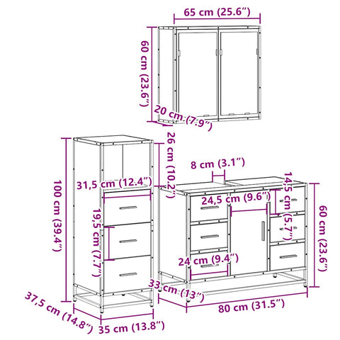 vidaXL 3 Piece Bathroom Furniture Set Grey Sonoma Engineered Wood