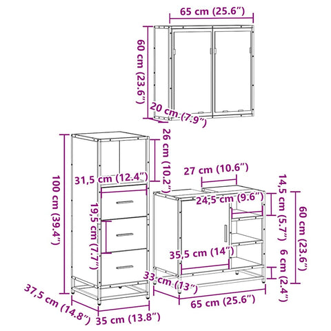 vidaXL 3 Piece Bathroom Furniture Set Sonoma Oak Engineered Wood