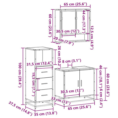 vidaXL 3 Piece Bathroom Furniture Set Smoked Oak Engineered Wood