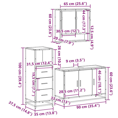 vidaXL 3 Piece Bathroom Furniture Set Grey Sonoma Engineered Wood