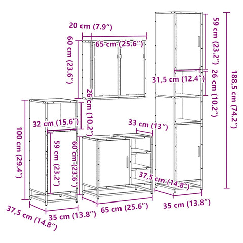 vidaXL 4 Piece Bathroom Furniture Set Smoked Oak Engineered Wood