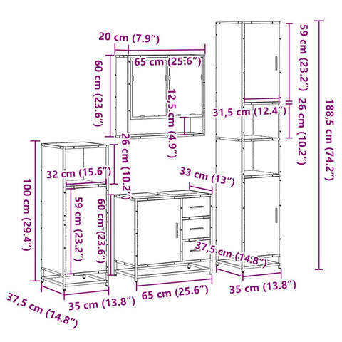 vidaXL 4 Piece Bathroom Furniture Set Smoked Oak Engineered Wood