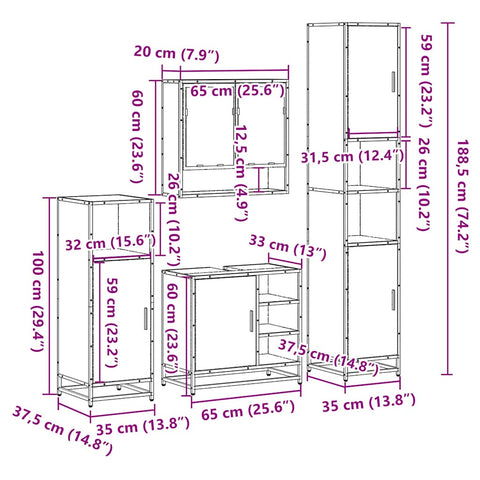vidaXL 4 Piece Bathroom Furniture Set Smoked Oak Engineered Wood