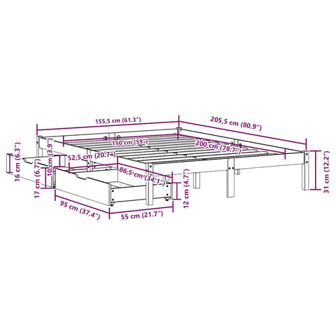 vidaXL Bed Frame without Mattress White 150x200 cm King Size Solid Wood Pine