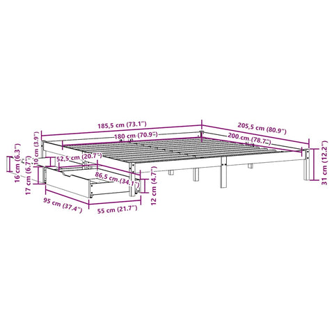 vidaXL Bed Frame without Mattress 180x200 cm Super King Solid Wood Pine