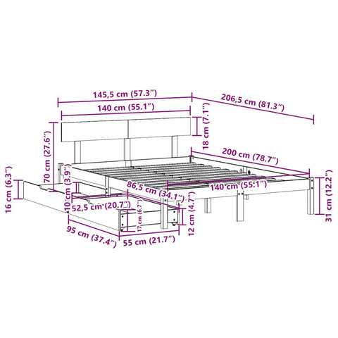vidaXL Bed Frame without Mattress 140x200 cm Solid Wood Pine