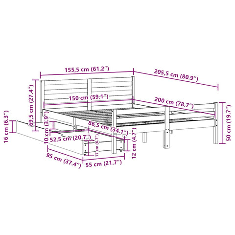 vidaXL Bed Frame without Mattress 150x200 cm King Size Solid Wood Pine