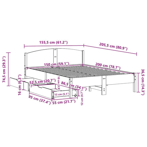 vidaXL Bed Frame without Mattress White 150x200 cm King Size Solid Wood Pine