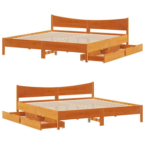 vidaXL Bed Frame with Drawers Wax Brown 200x200 cm Solid Wood Pine