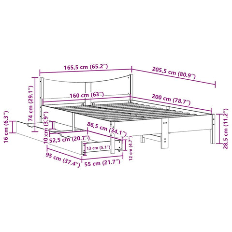 vidaXL Bed Frame with Drawers White 160x200 cm Solid Wood Pine