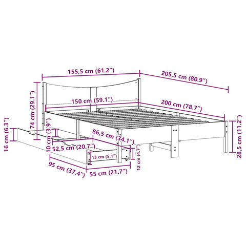 vidaXL Bed Frame with Drawers 150x200 cm King Size Solid Wood Pine