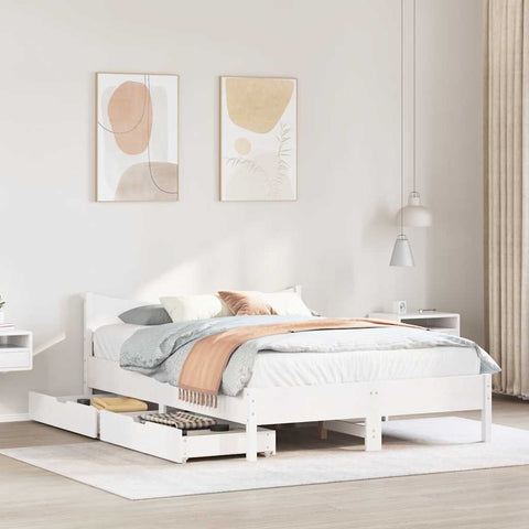 vidaXL Bed Frame with Drawers White 150x200 cm King Size Solid Wood Pine