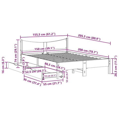 vidaXL Bed Frame with Drawers White 150x200 cm King Size Solid Wood Pine