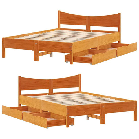 vidaXL Bed Frame with Drawers Wax Brown 150x200 cm King Size Solid Wood Pine