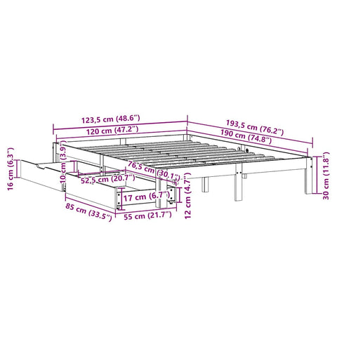 vidaXL Bed Frame with Drawers without Mattress 120x190 cm Small Double