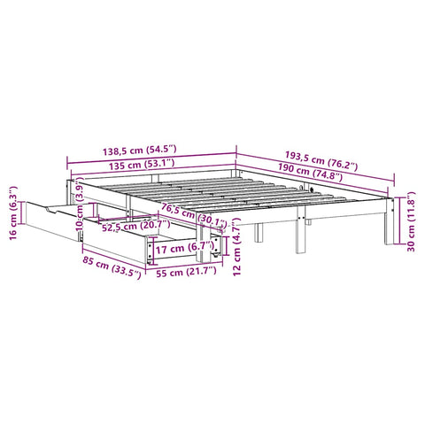 vidaXL Bed Frame with Drawers without Mattress 135x190 cm Double
