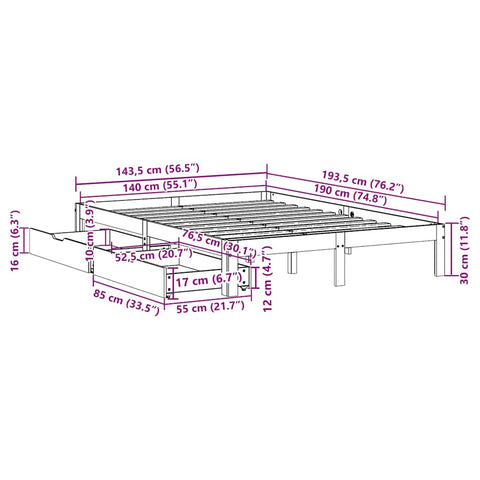 vidaXL Bed Frame with Drawers without Mattress 140x190 cm