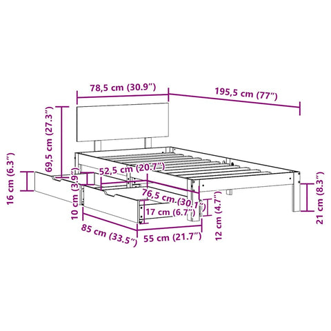 vidaXL Bed Frame with Drawers without Mattress 75x190 cm Small Single