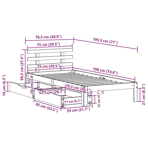 vidaXL Bed Frame with Drawers without Mattress 75x190 cm Small Single