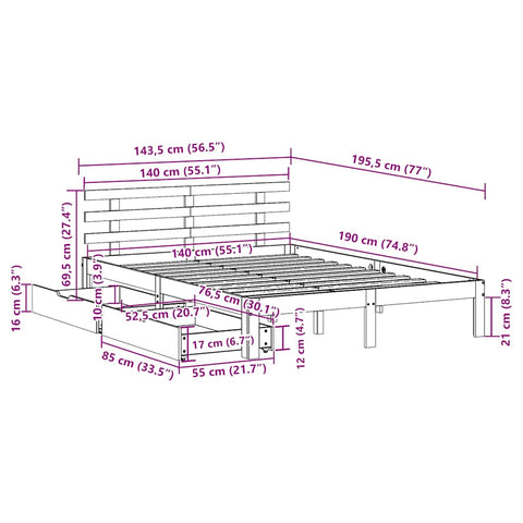 vidaXL Bed Frame with Drawers without Mattress 140x190 cm