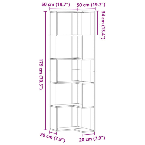vidaXL Corner Bookcase 5-Tier White 50x50x179 cm Engineered Wood
