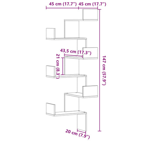 vidaXL Wall Corner Shelf Smoked Oak 45x45x147 cm Engineered Wood