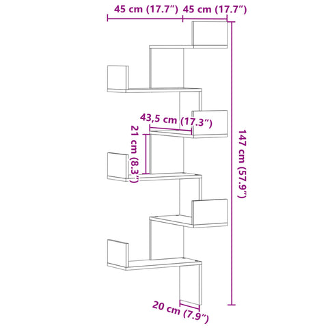 vidaXL Wall Corner Shelf Artisian Oak 45x45x147 cm Engineered Wood