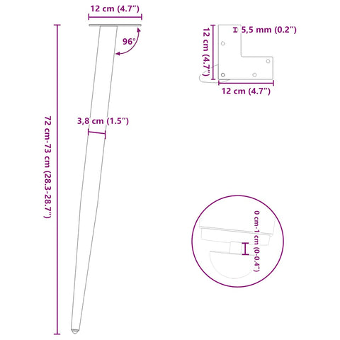 vidaXL Coffee Table Legs Conical Shape 4 pcs Natural Steel 72-73 cm Steel