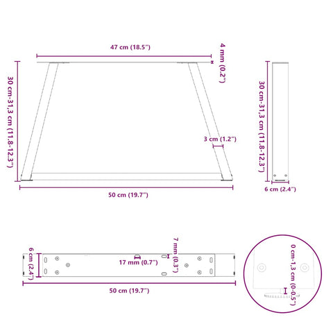 vidaXL Dining Table Legs V-Shape 2 pcs Natural Steel 50x(30-31.3) cm Steel