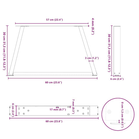 vidaXL Dining Table Legs V-Shape 2 pcs Black 60x(30-31.3) cm Steel