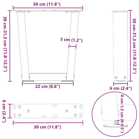 vidaXL Dining Table Legs V-Shape 2 pcs Natural Steel 30x(30-31.3) cm Steel