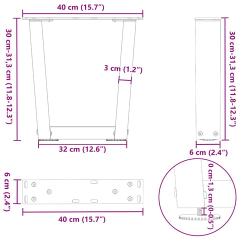 vidaXL Dining Table Legs V-Shape 2 pcs Black 40x(30-31.3) cm Steel