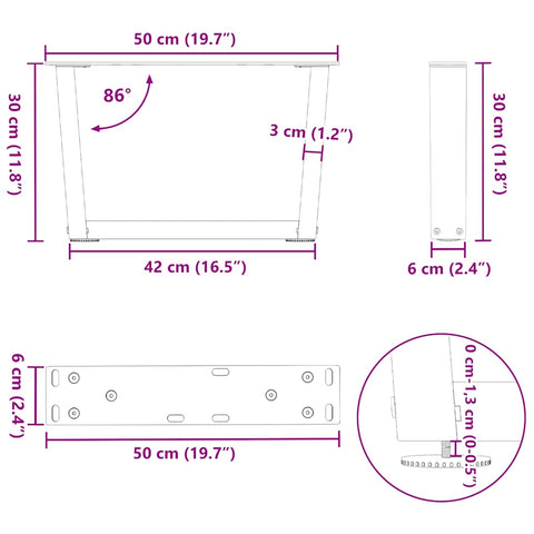vidaXL Dining Table Legs V-Shape 2 pcs Natural Steel 50x(30-31.3) cm Steel