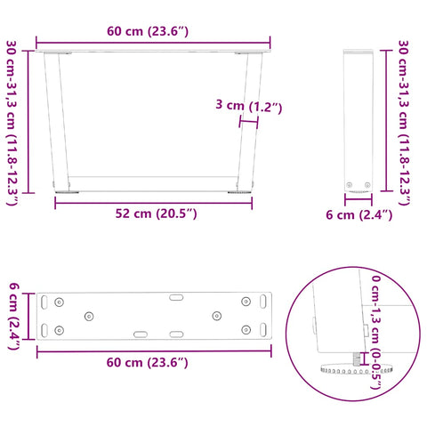 vidaXL Coffee Table Legs V-Shape 2 pcs Black 60x(30-31.3) cm Steel