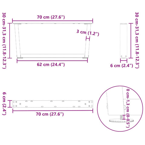 vidaXL Dining Table Legs V-Shape 2 pcs Black 70x(30-31.3) cm Steel