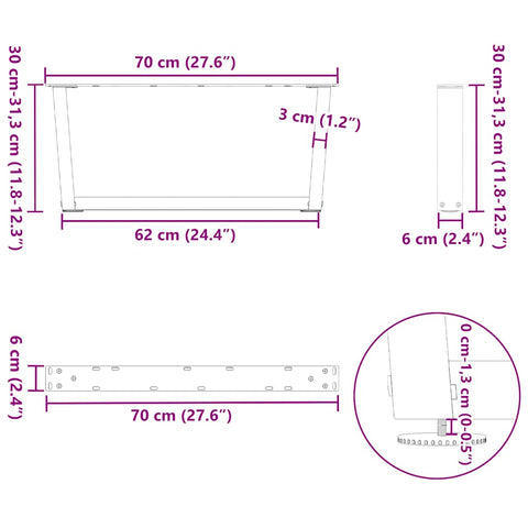 vidaXL Dining Table Legs V-Shape 2 pcs Natural Steel 70x(30-31.3) cm Steel