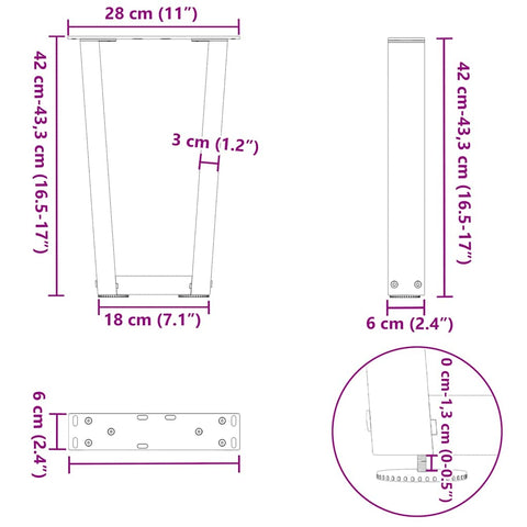vidaXL Dining Table Legs V-Shape 2 pcs Black 28x(42-43.3) cm Steel