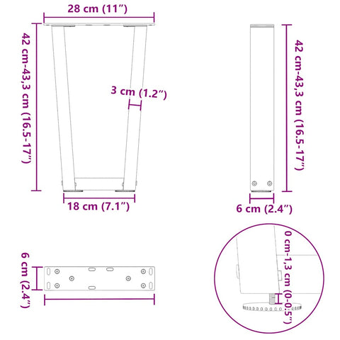 vidaXL Dining Table Legs V-Shape 2 pcs Natural Steel 28x(42-43.3) cm Steel