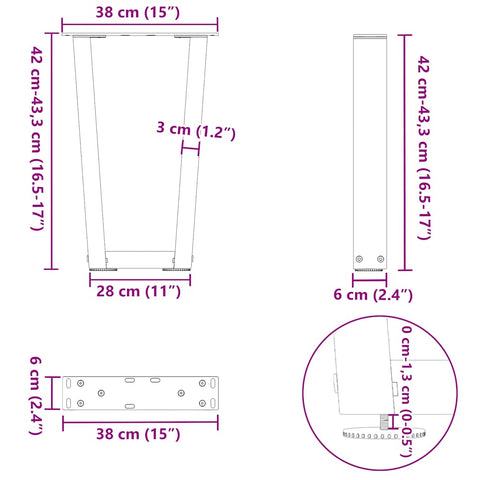 vidaXL Dining Table Legs V-Shape 2 pcs Black 38x(42-43.3) cm Steel