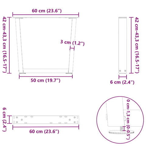 vidaXL Dining Table Legs V-Shape 2 pcs Black 60x(42-43.3) cm Steel