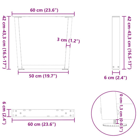 vidaXL Dining Table Legs V-Shape 2 pcs Natural Steel 60x(42-43.3) cm Steel