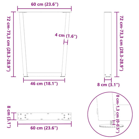 vidaXL Dining Table Legs V-Shape 2 pcs Black 60x(72-73.3) cm Steel
