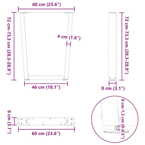 vidaXL Dining Table Legs V-Shape 2 pcs Natural Steel 60x(72-73.3) cm Steel
