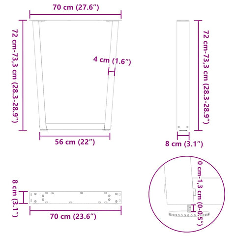 vidaXL Dining Table Legs V-Shape 2 pcs Black 70x(72-73.3) cm Steel