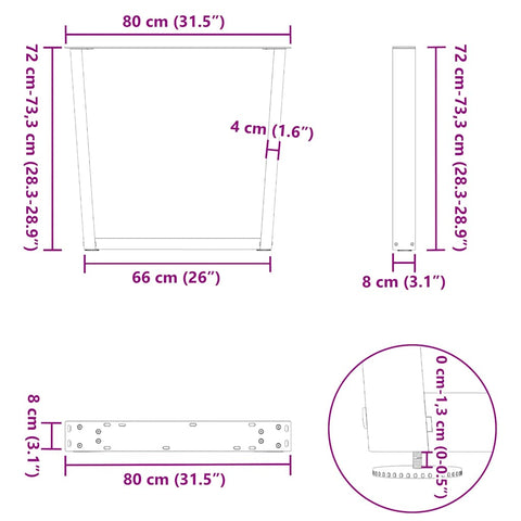 vidaXL Dining Table Legs V-Shape 2 pcs Natural Steel 80x(72-73.3) cm Steel