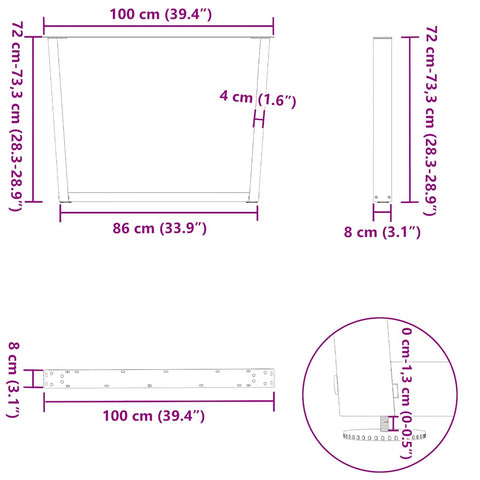 vidaXL Dining Table Legs V-Shape 2 pcs White 100x(72-73.3) cm Steel