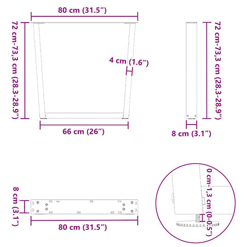 vidaXL Dining Table Legs V-Shape 3 pcs Natural Steel 80x(72-73.3) cm Steel