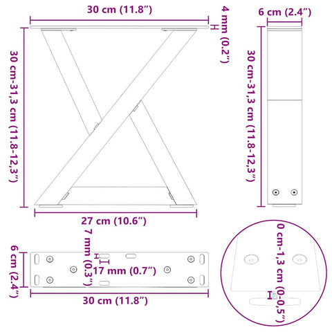 vidaXL Coffee Table Legs 2 pcs Natural Steel 30x(30-31.3) cm Steel